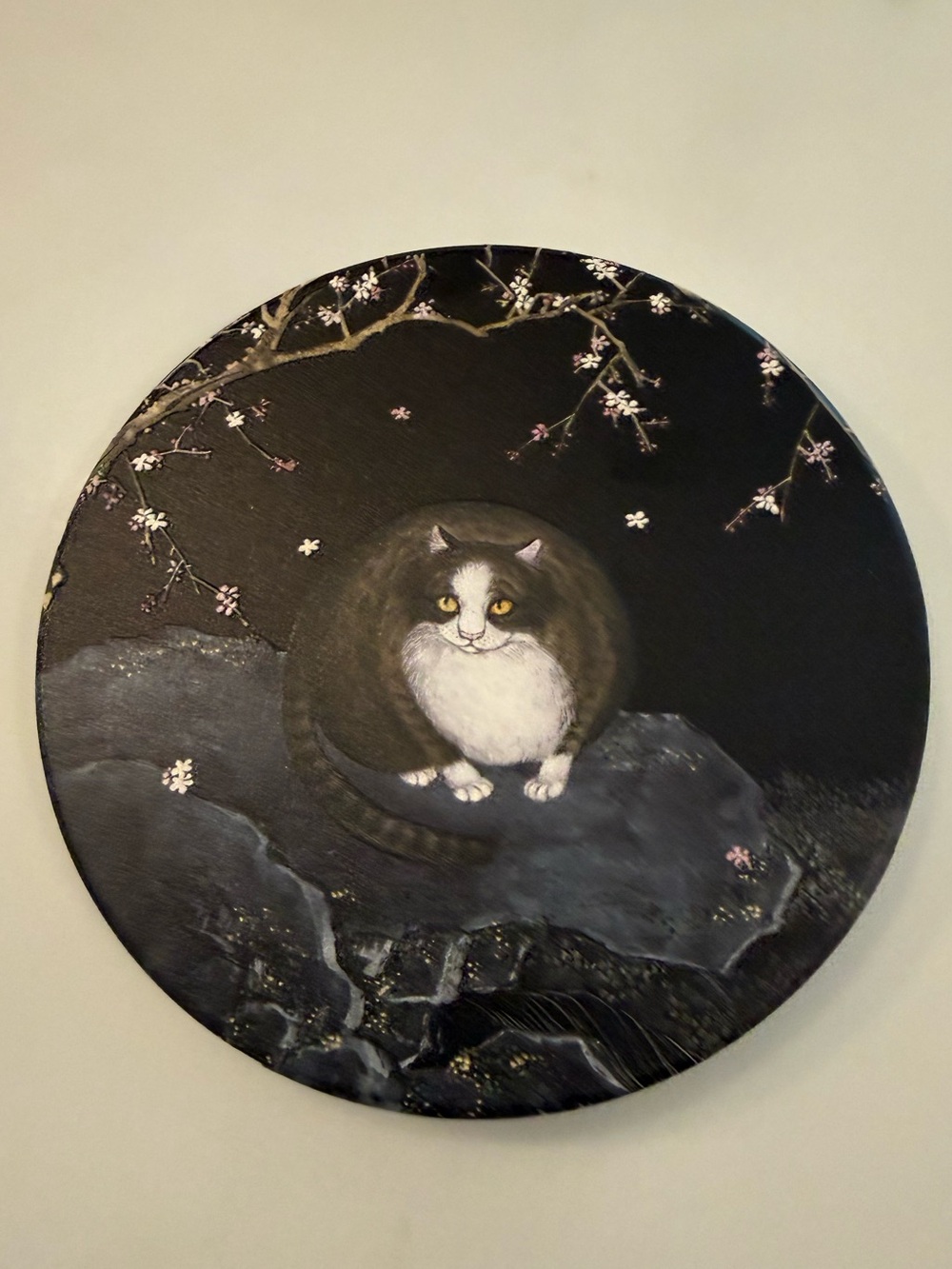 Round Black Cat coffee mug coaster  with Blossoms